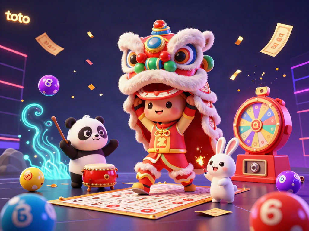 Engage with the toto lottery experience, featuring vibrant scenes of festive characters amidst dynamic game elements.