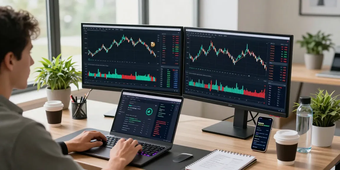 Play exchange cryptocurrency trading setup showcasing advanced tech, digital wallets, and market analysis.