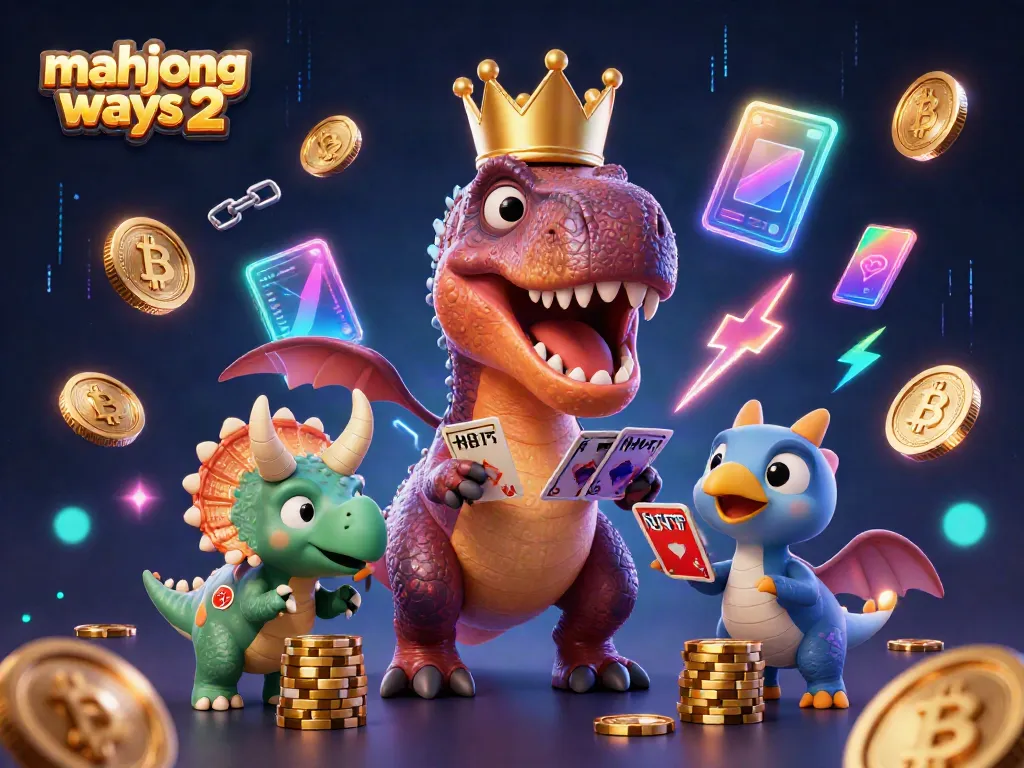 Win big with mahjong ways 2 as a T-Rex shuffles cards while a pterodactyl assists and a triceratops stacks chips.