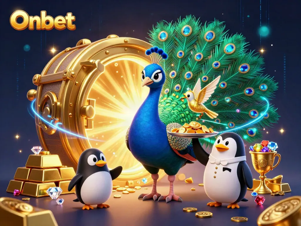 Engage with Onbet, where a peacock, penguin, and hummingbird celebrate the excitement of casino gaming.