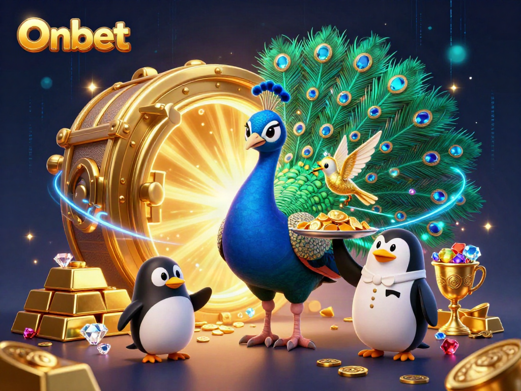 Engage with Onbet, where a peacock, penguin, and hummingbird celebrate the excitement of casino gaming.