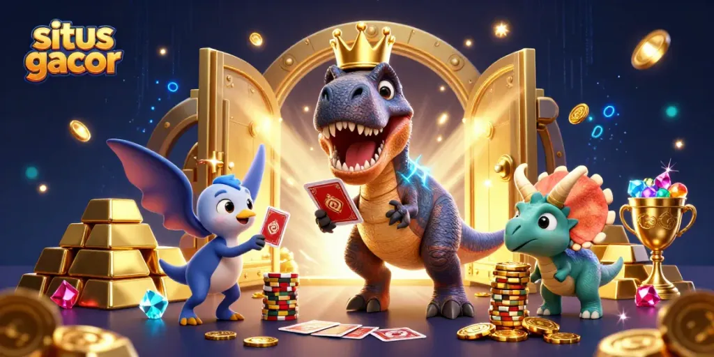 Menghadirkan situs gacor dengan karakter T-Rex dan pterodactyl di tengah tumpukan chip emas yang megah.