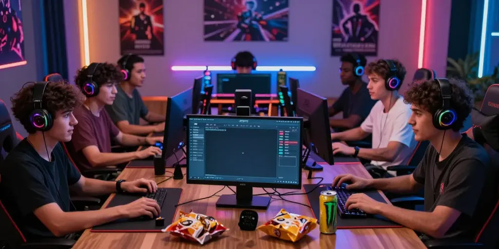 Group of friends live streaming on unsurtoto platform in a vibrant gaming setup