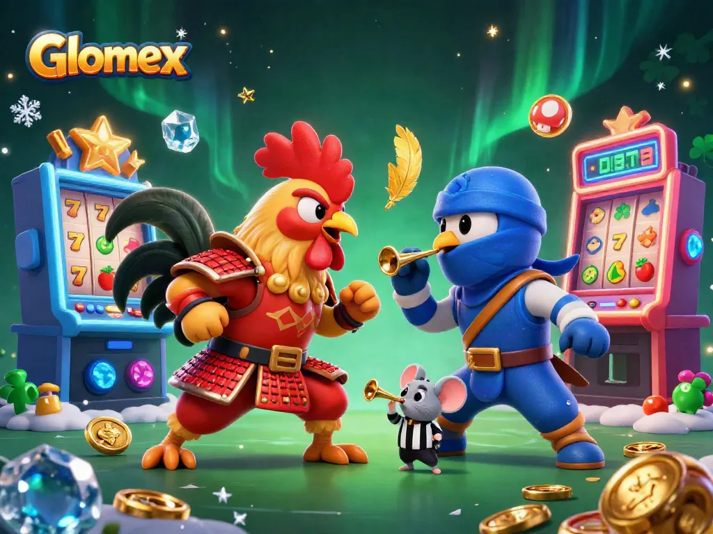 Engage in thrilling gameplay at Glomex with cartoon roosters in casino action, showcasing slot machines.
