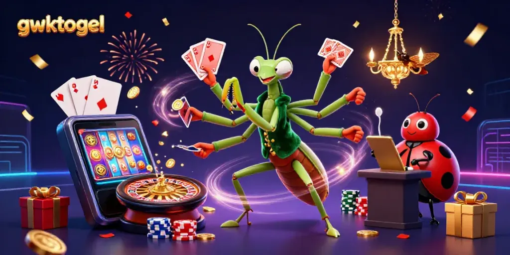 Menampilkan gwktogel, gambar ilustrasi kasino 3D penuh warna dengan karakter unik dalam suasana meriah.