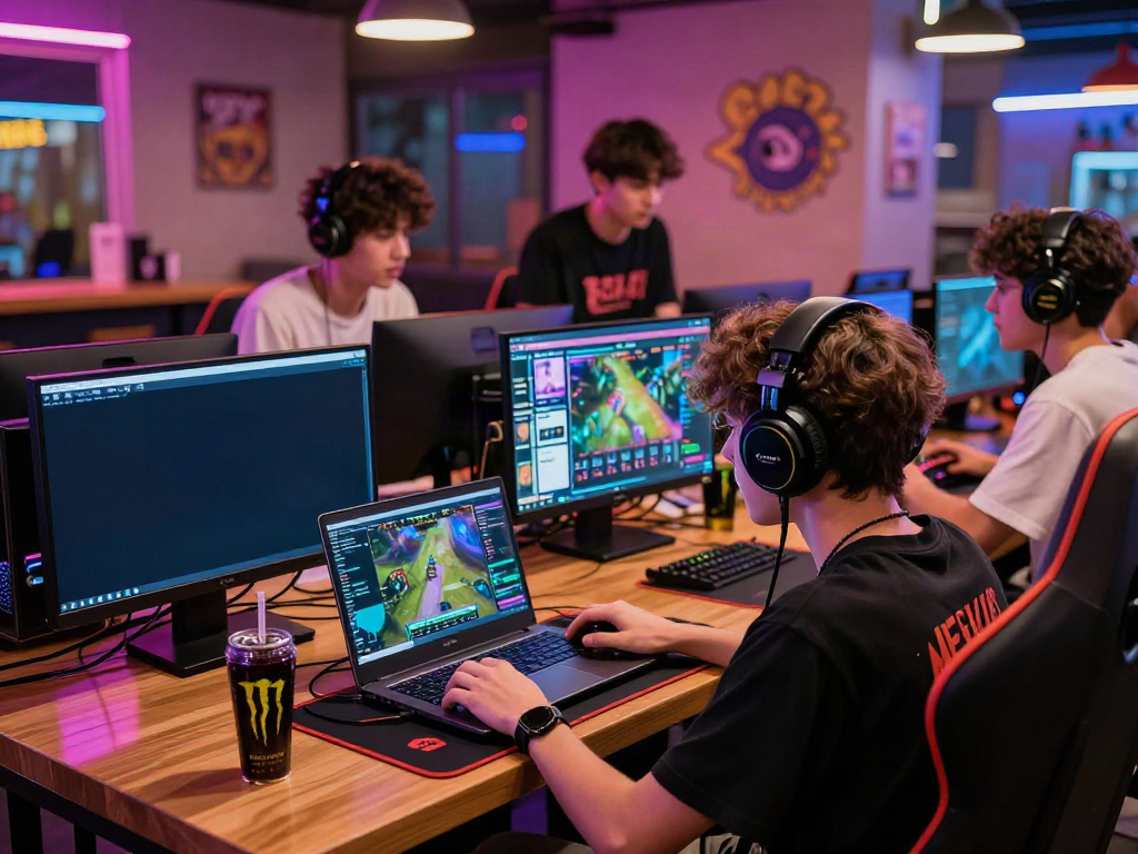 Youth enjoying akunjp gaming experience in a vibrant café with friends.