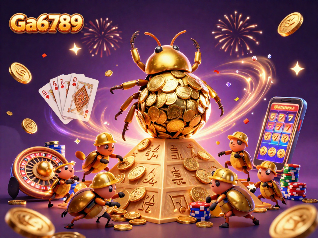 Engage with Ga6789 as a golden dung beetle rolls coins up a pyramid in this vibrant casino scene.