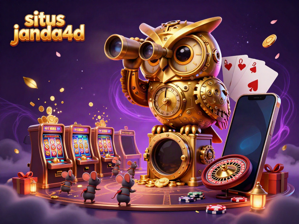 Ilustrasi situs janda4d dengan burung hantu emas berputar dan mesin slot berwarna-warni.