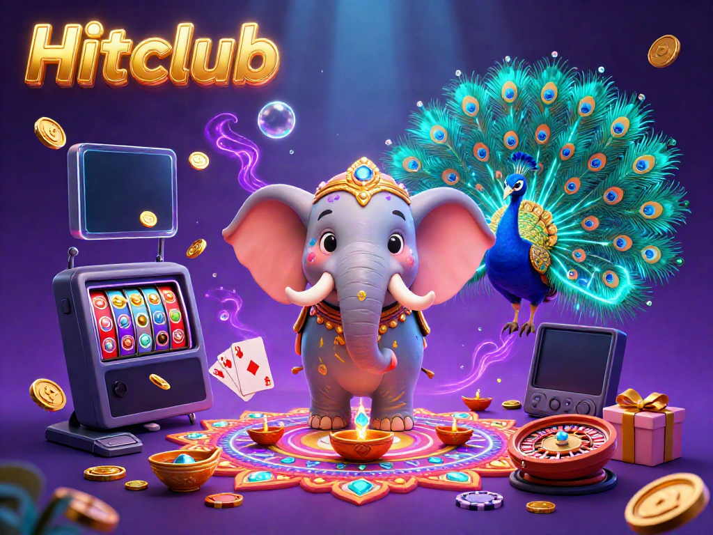 Experience Hitclub's vibrant slot adventure with a dazzling elephant and peacock amidst colorful gaming elements.