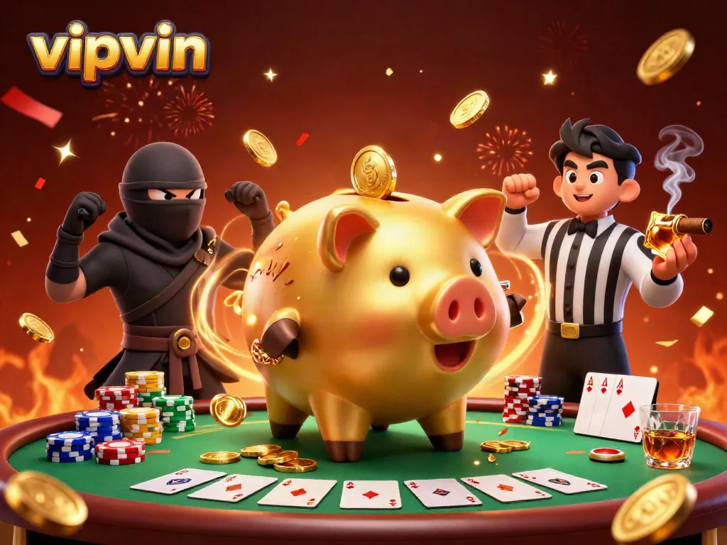 Experience the excitement of vipvin with a dynamic 3D illustration of casino-themed characters.