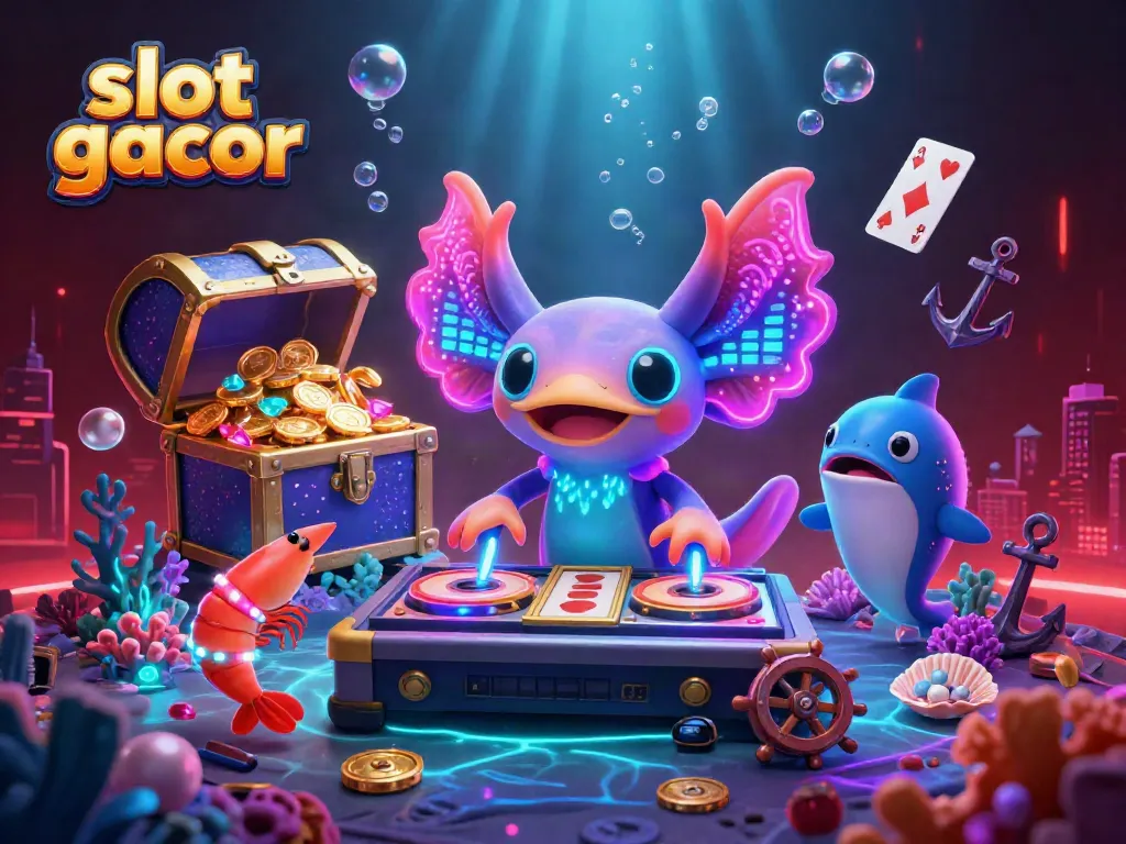 Kenali slot gacor dalam ilustrasi 3D DJ axolotl neon yang menghadirkan permainan slot dengan grafis berwarna cerah.