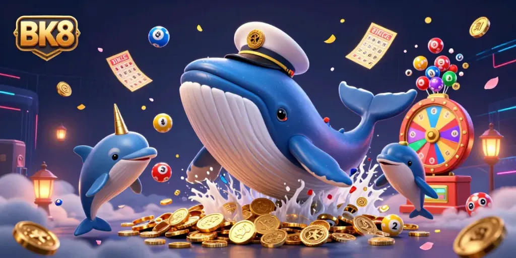 Experience the thrilling adventure of BK8 with a vibrant scene of a whale and dolphin among casino elements.