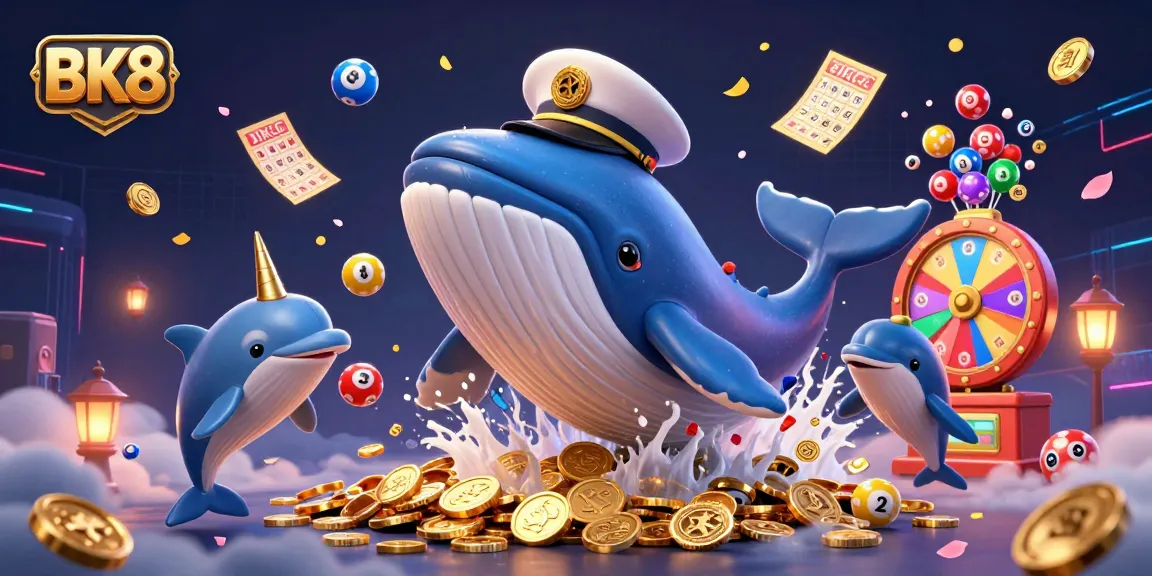 Experience the thrilling adventure of BK8 with a vibrant scene of a whale and dolphin among casino elements.