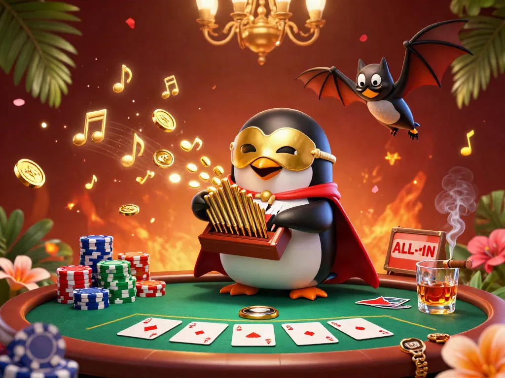 Baccarat online illustrated scene with a penguin playing an organ shooting coins while an acrobat performs above.