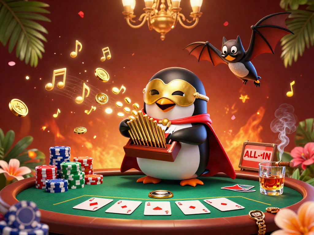 Baccarat online illustrated scene with a penguin playing an organ shooting coins while an acrobat performs above.