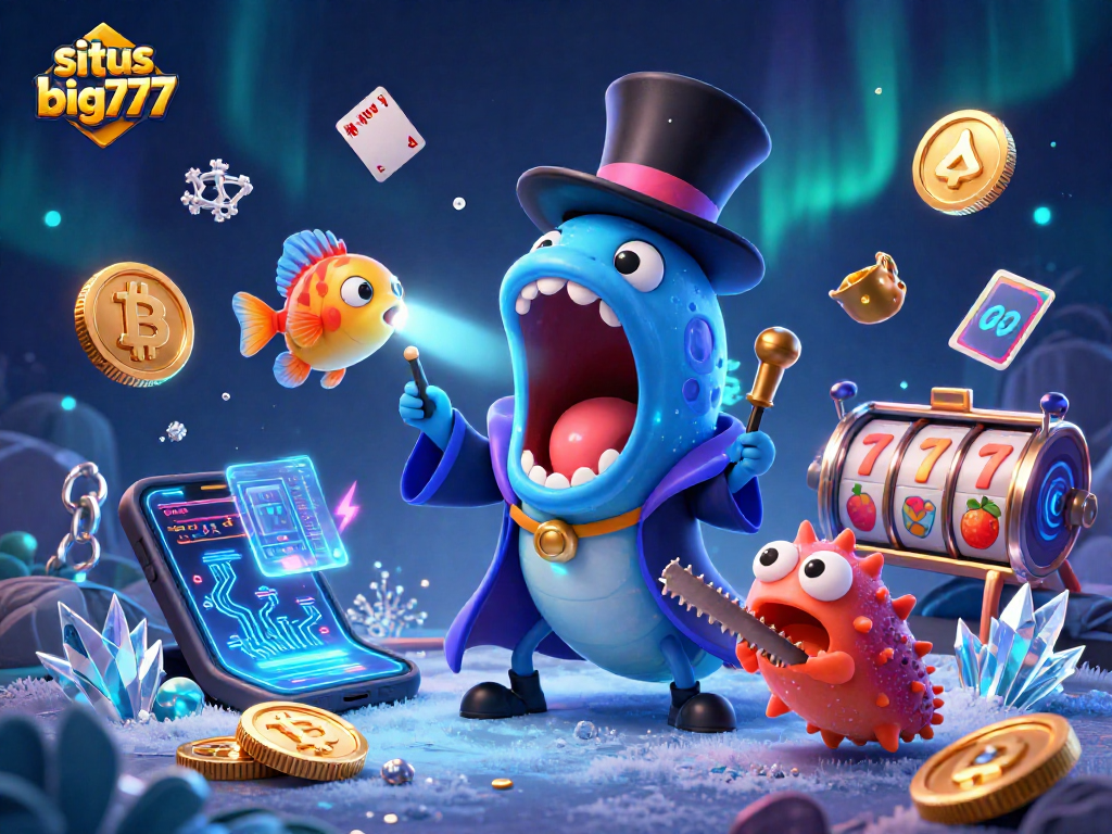 Engage with situs big777 as a vibrant 3D illustration showcases a magical casino scene erupting with excitement and crypto elements.