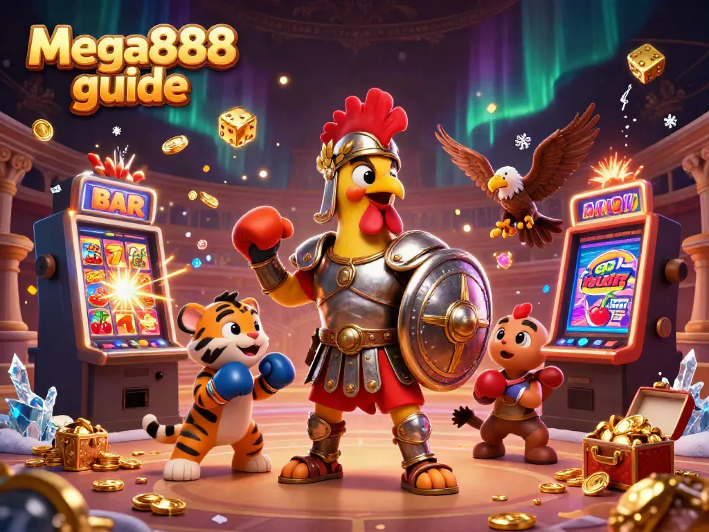Engage with the Mega888 guide featuring fun characters in a vibrant casino scene filled with colorful gaming elements.