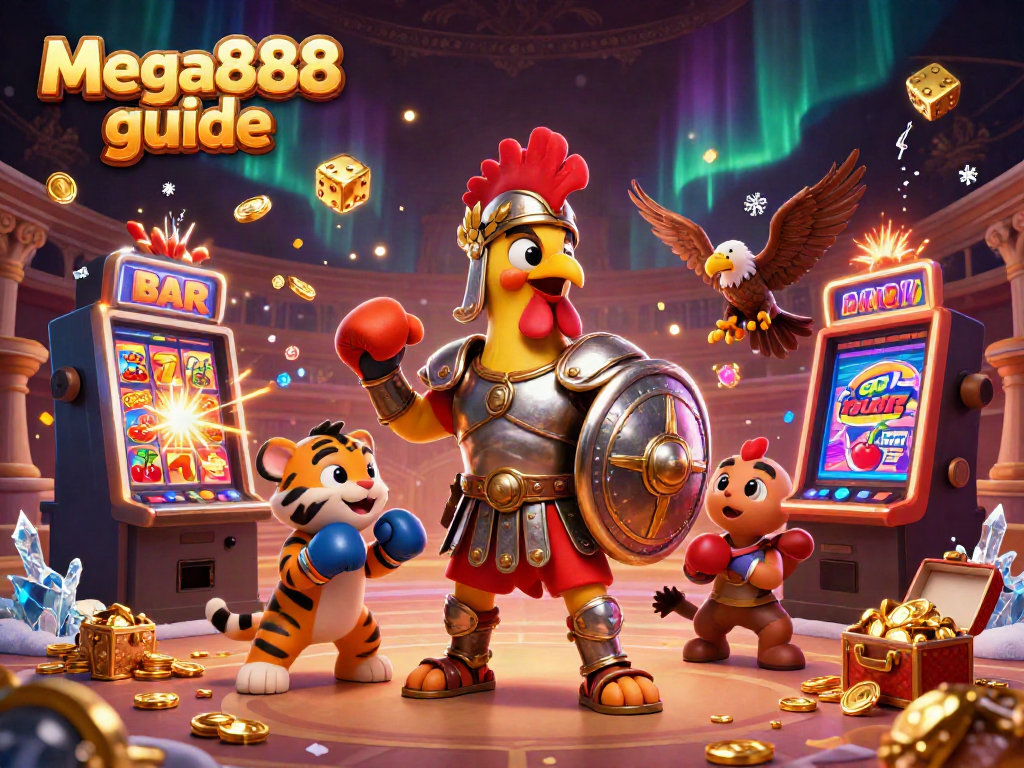 Engage with the Mega888 guide featuring fun characters in a vibrant casino scene filled with colorful gaming elements.