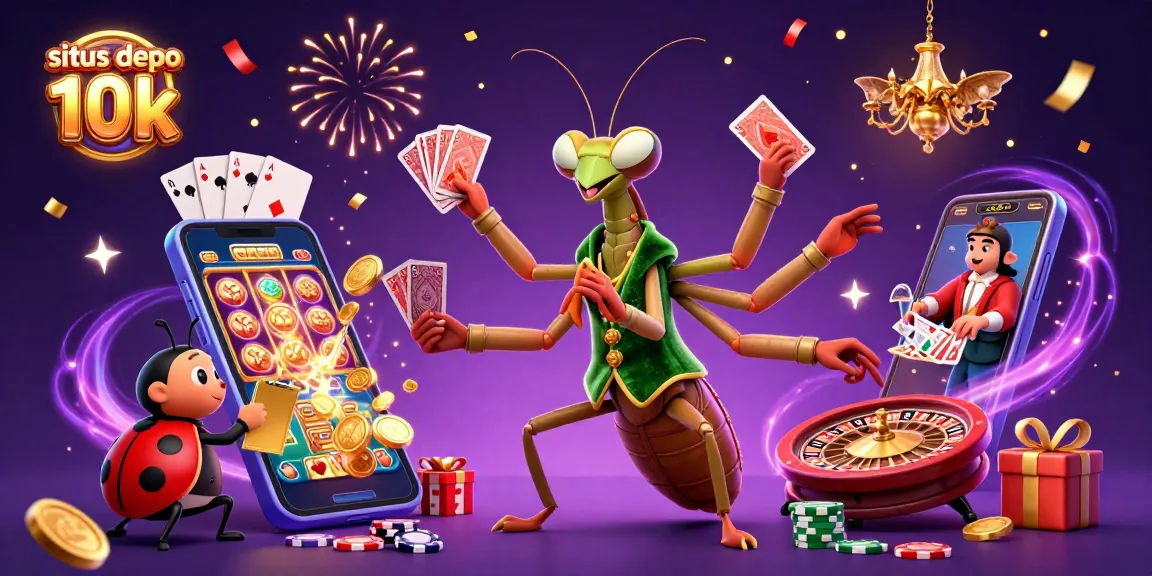 Engage with situs depo 10k as vibrant golden coins and slot games come alive in a lively casino scene.