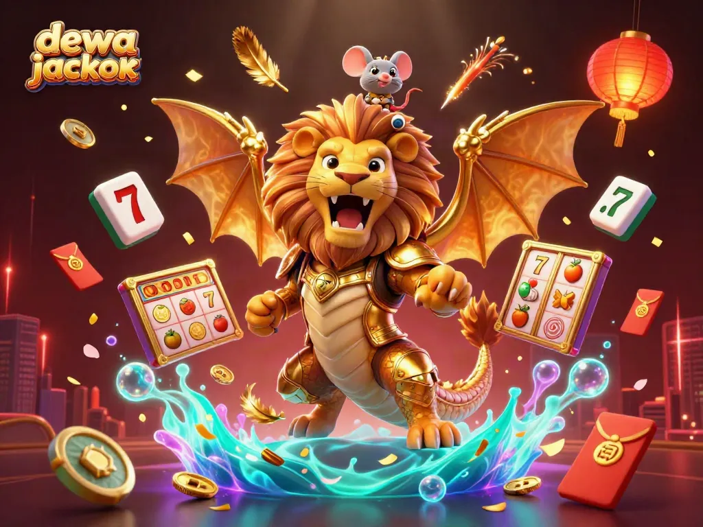 Genggam kemenangan besar dengan dewa jackpot pada ilustrasi kasino yang megah dan penuh warna.