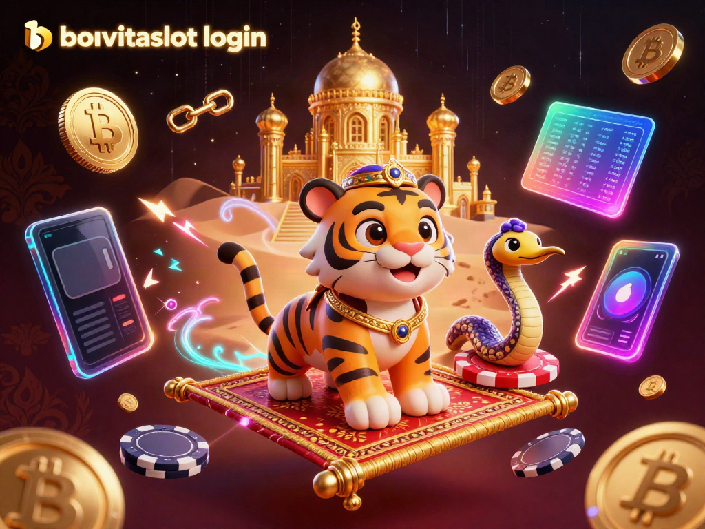 Spin slots and win big with bolavitaslot login, featuring a magical scene with an Arabian tiger sultan and crypto coins.