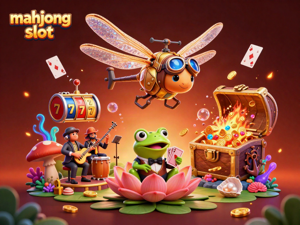 Engage with the mahjong slot experience through an energetic casino-themed illustration featuring vibrant characters and elements.