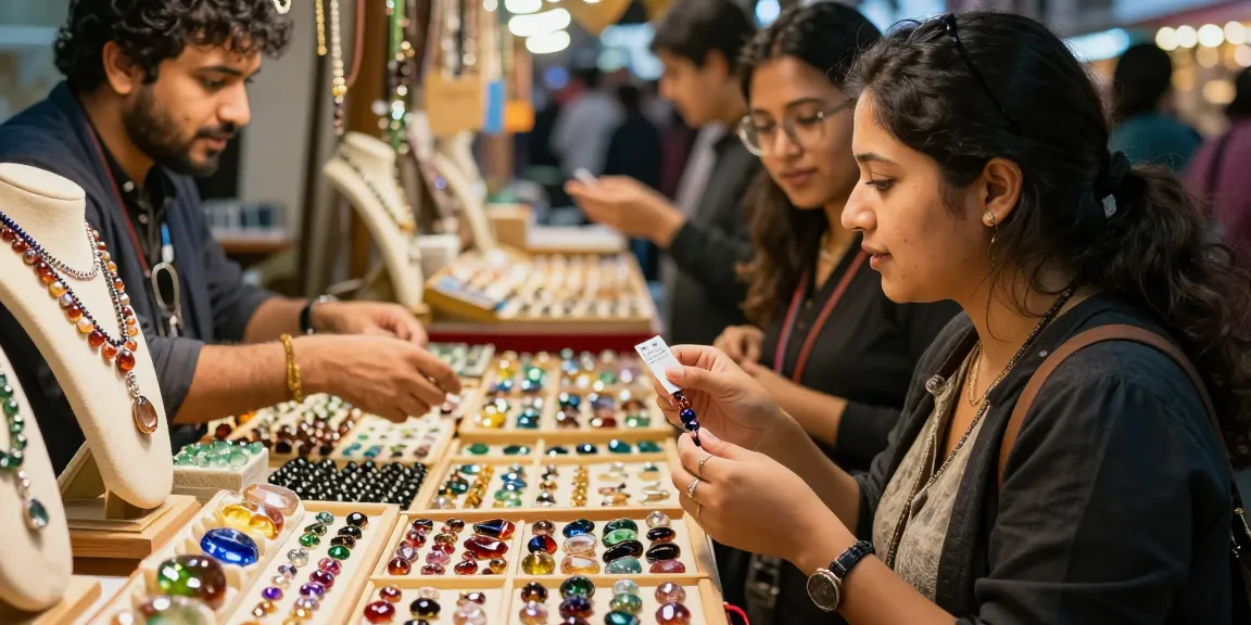 Gemstone shopper at https://www.mygemspot.com exploring colorful gems in a lively market.