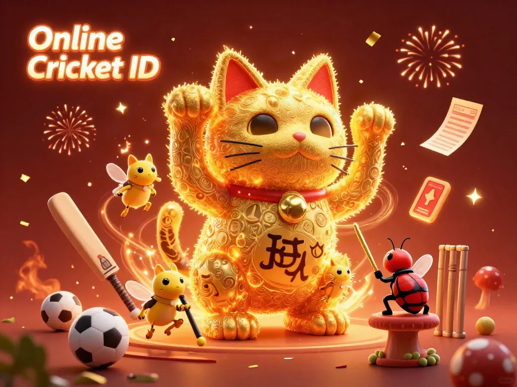 Win big with Online Cricket ID, featuring a lucky cat amidst cricket symbols and dynamic betting elements.