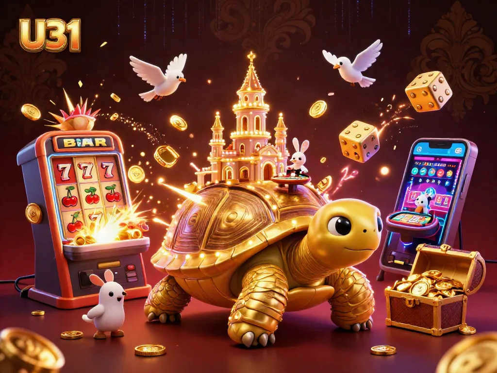 Join U31 for a thrilling casino experience with a vibrant jackpot scene featuring dynamic characters and games.