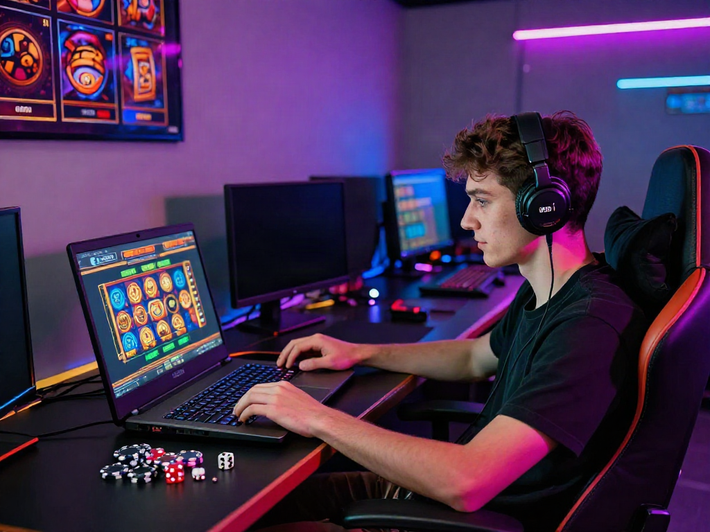 Player enjoying slot games online, surrounded by gaming accessories and vibrant atmosphere.