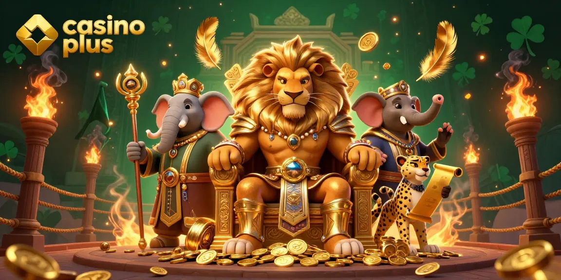 Experience high-stakes gameplay at casino plus with a dynamic 3D lion king and friends in a lavish setting.
