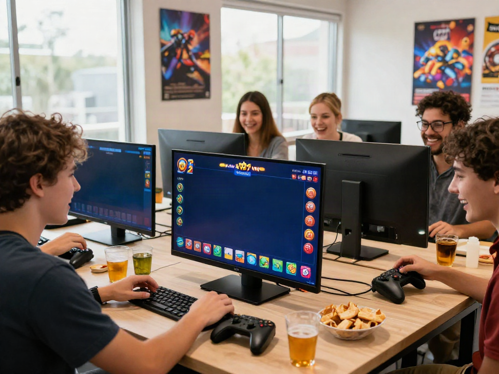 Teman-teman bersenang-senang bermain mahjong ways 2 di lounge gaming yang terang.