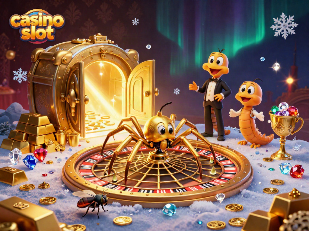 Experience thrilling casino slot excitement with a golden spider spinning luck in a vibrant web of treasures.