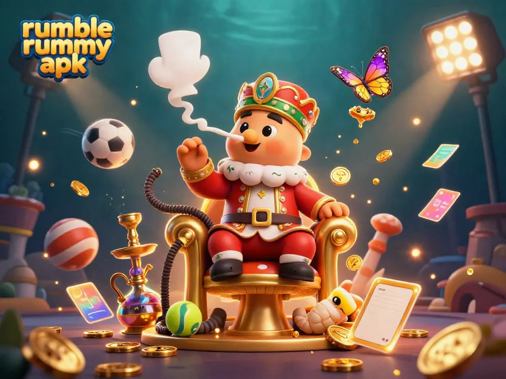 Engage in Rumble Rummy APK with vibrant illustration showcasing rummy characters and gaming elements.