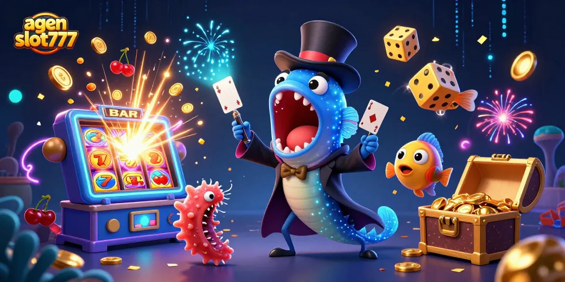 A vibrant scene showcasing agen slot777 with animated characters performing magic tricks amidst slot machines and festive game symbols.