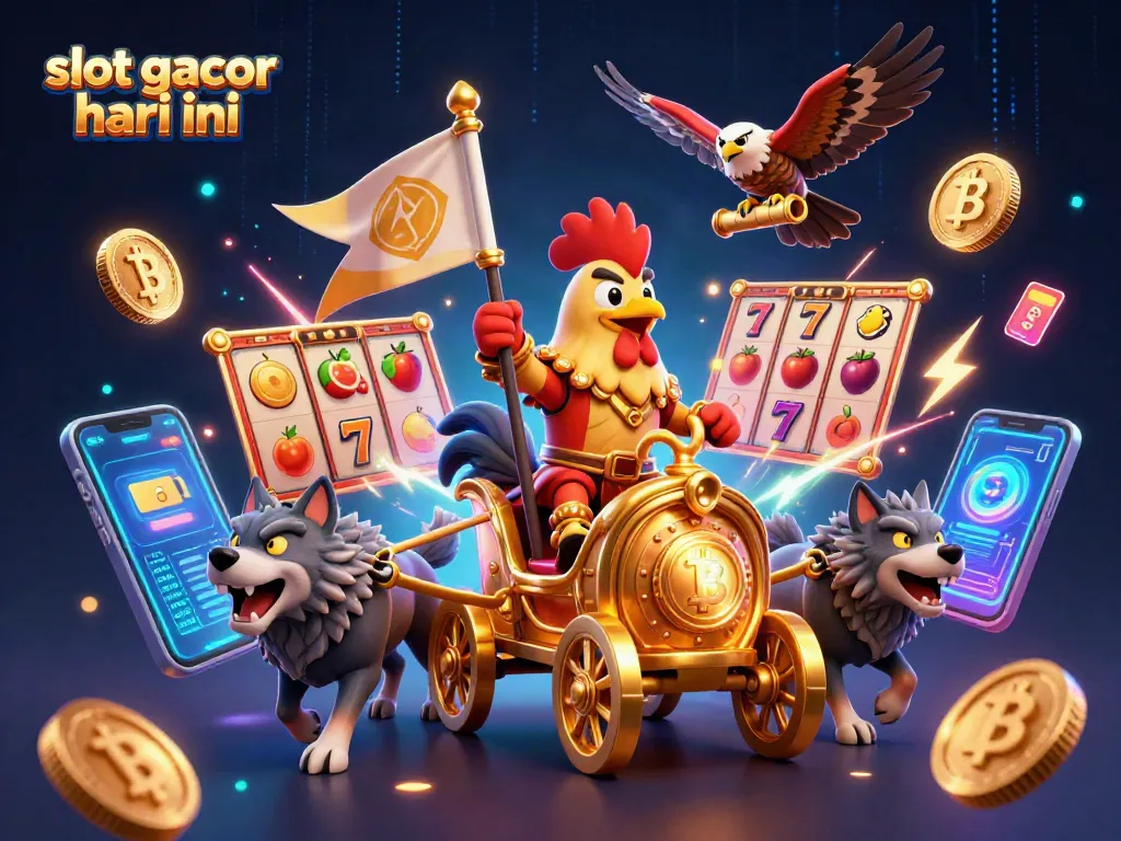 Gaya bermain slot gacor hari ini dengan ilustrasi kartun digital menampilkan karakter menarik dan simbol keberuntungan.