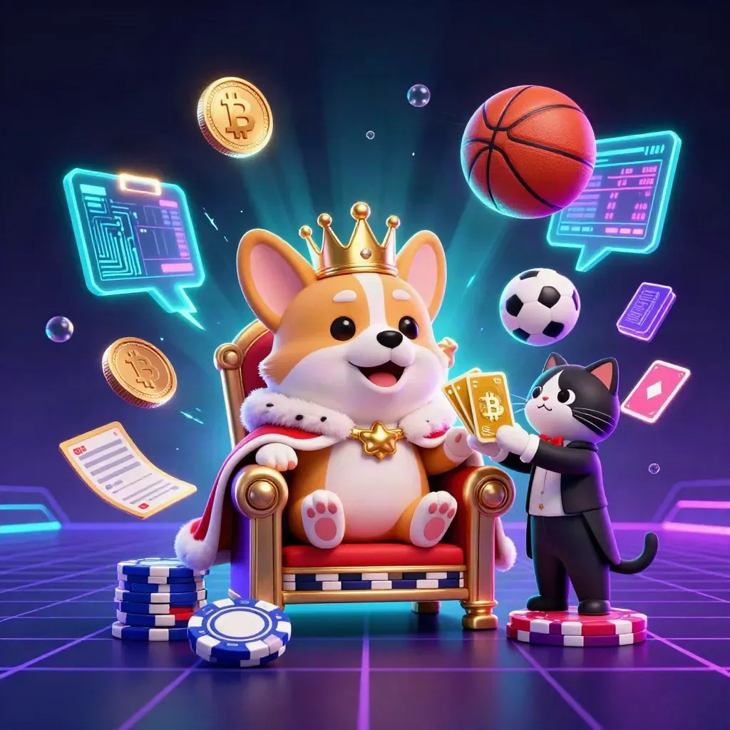 Royal corgi and cat butler on chip throne with flying sports balls and neon crypto effects.