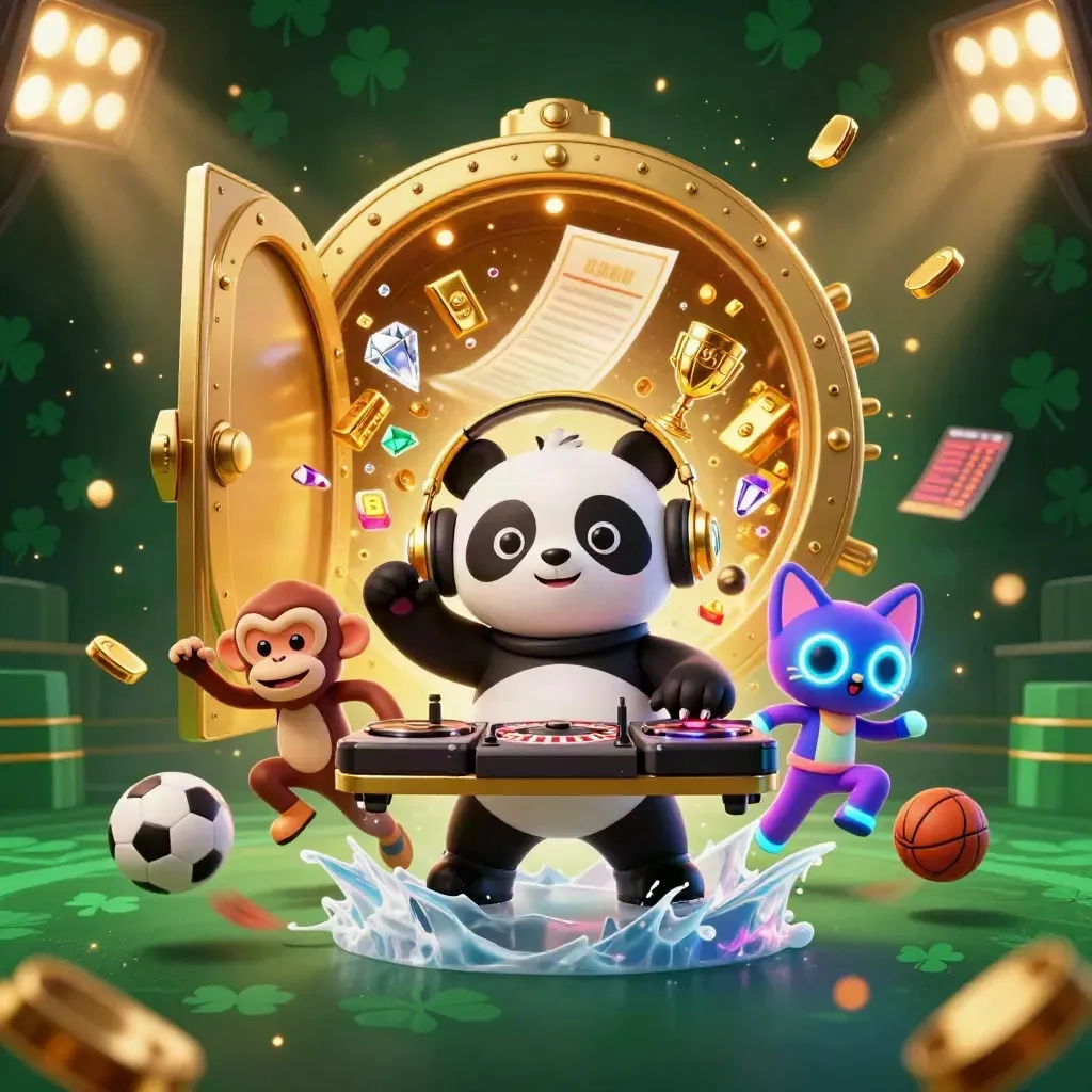 DJ panda, breakdancing monkey and glow-stick kitten amid flying balls, gold vault light and neon haze.