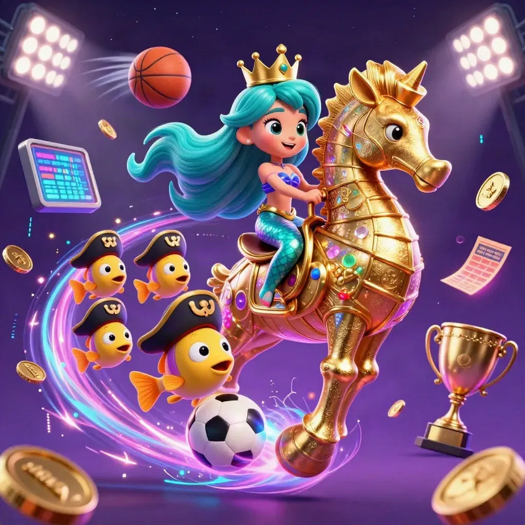 Mermaid princess on a seahorse amid flying sports balls, coins, and neon casino light.