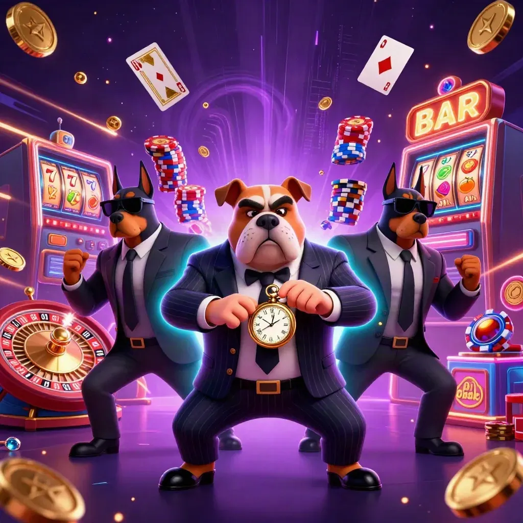 Bulldog mob boss and Doberman guards amid neon casino chaos, coins, cards, reels, and glowing chips