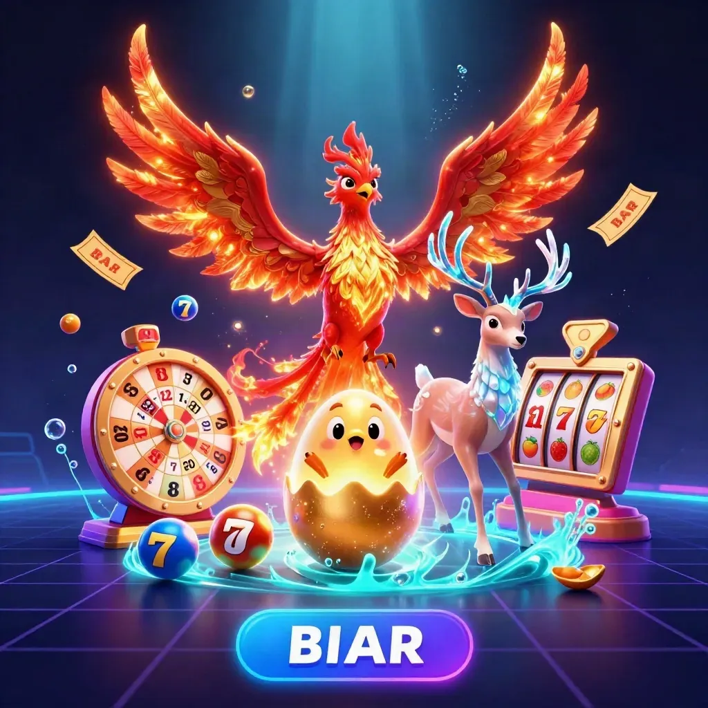 Phoenix, stag and baby phoenix amid casino symbols and neon cyan glow on a dark grid.