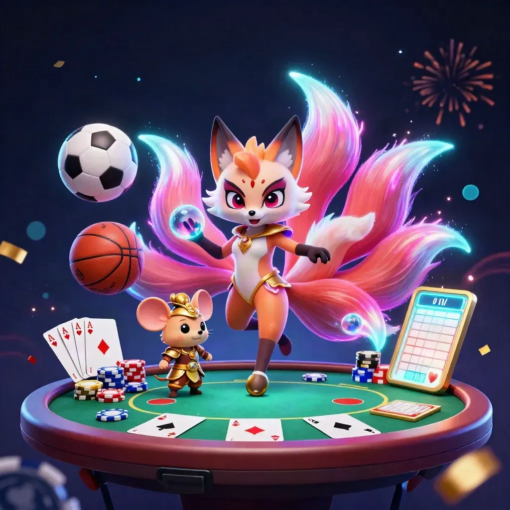 Neon fox spirit and samurai mouse amid casino props, balls, chips, and fireworks.
