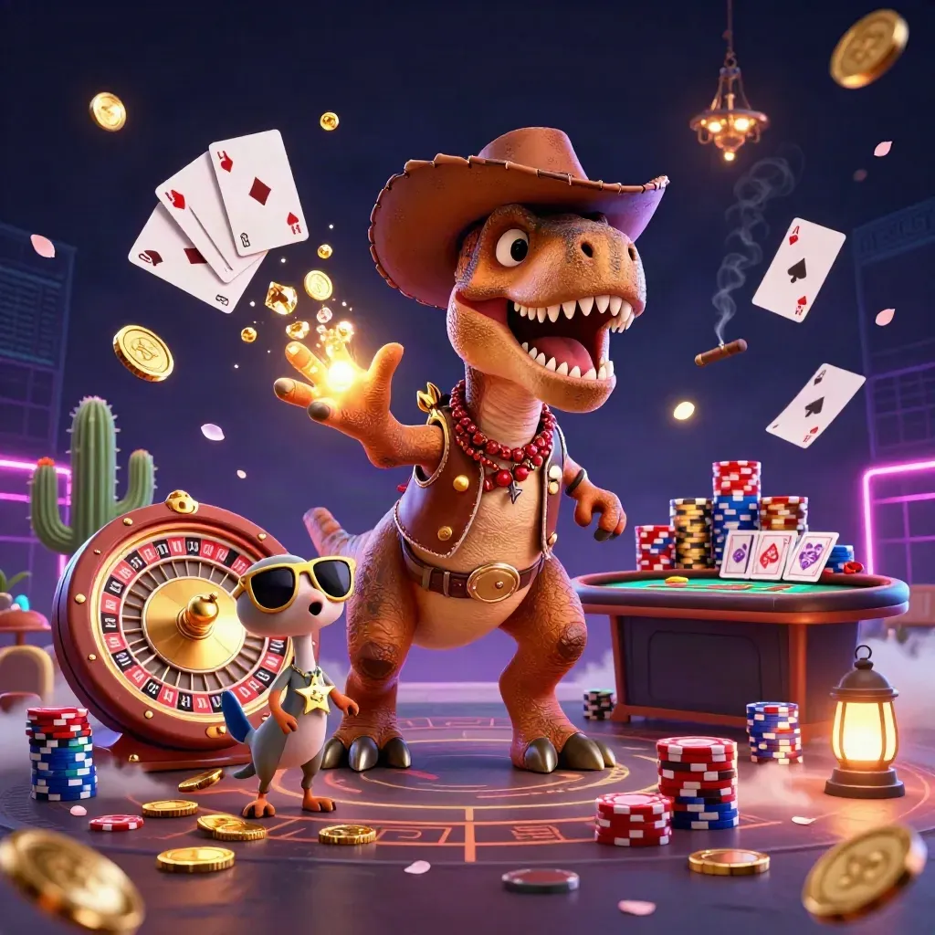 Cowboy T-Rex, cactus sidekick, and roadrunner amid casino glamour and flying gold coins.