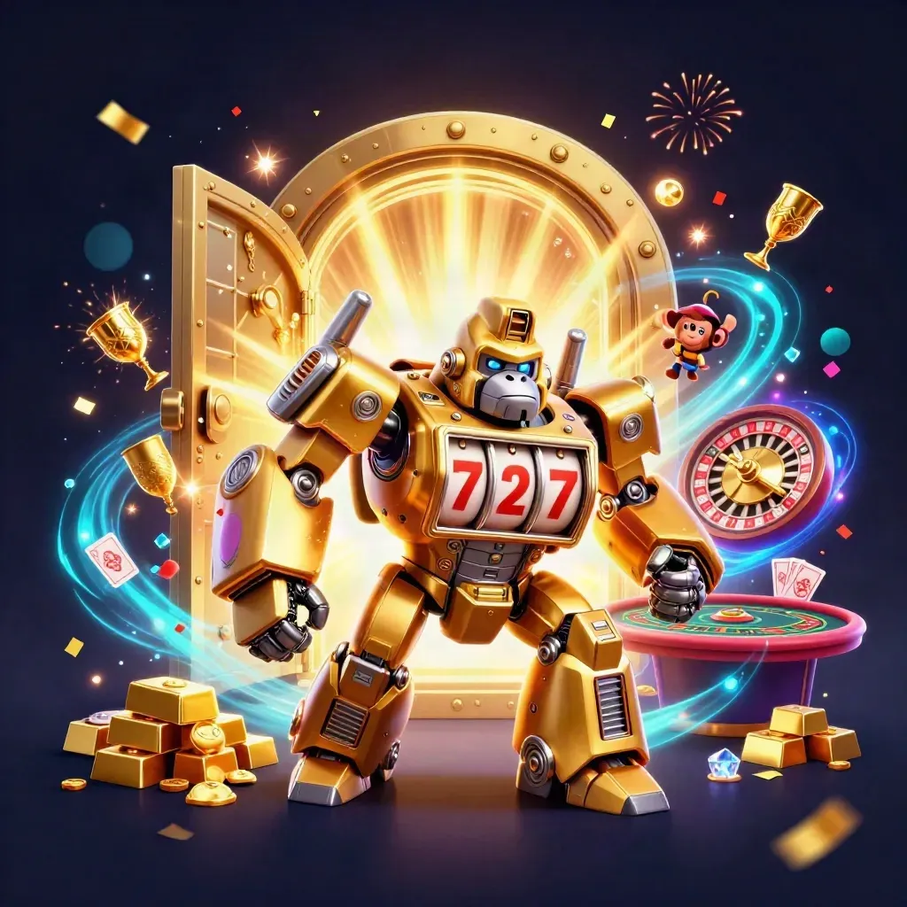 Golden gorilla mech and tiny monkey pilot amid vault light, jewels, confetti, and casino glam