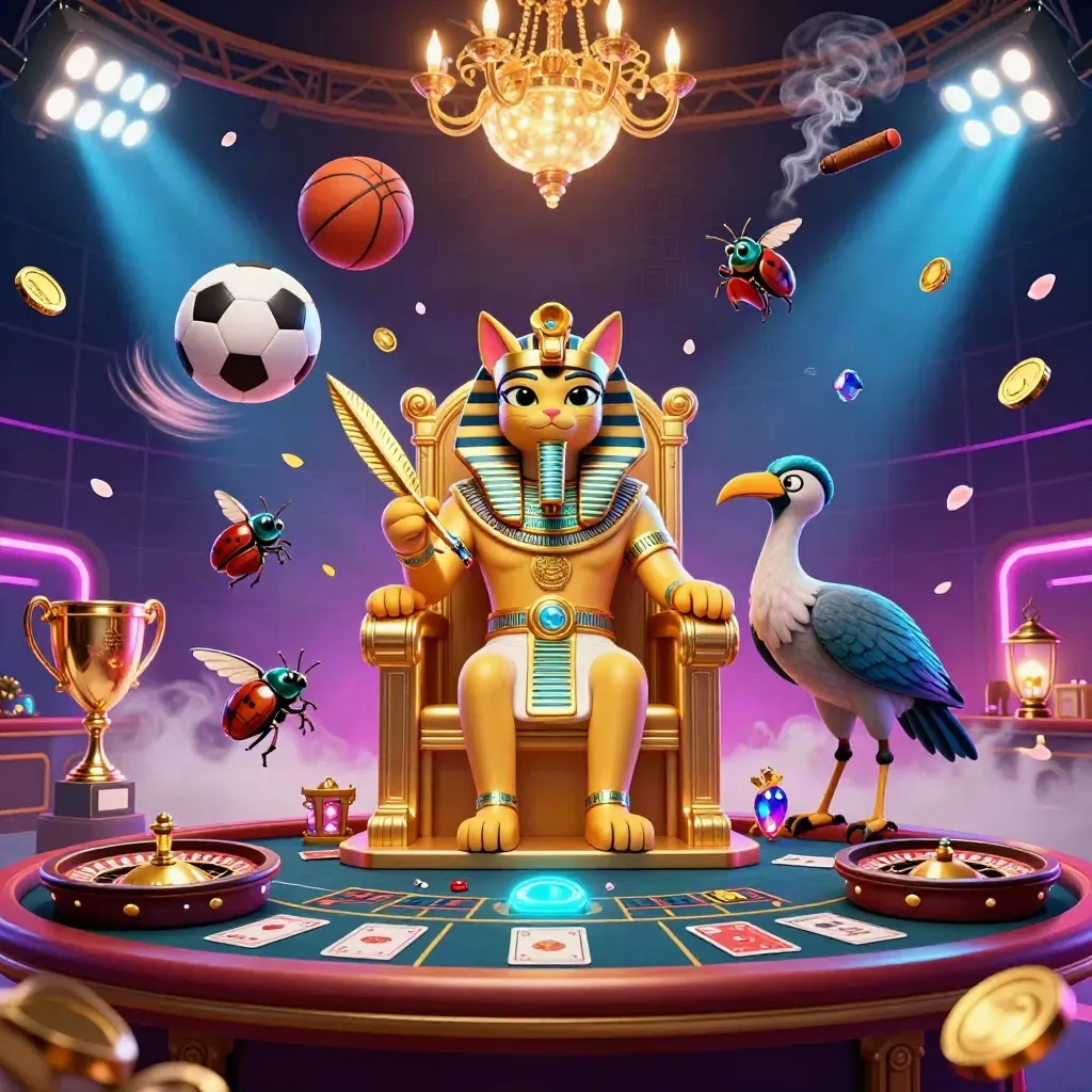 Pharaoh cat on throne with ibis scribe and gem-wing scarabs amid casino lights and flying sports balls.