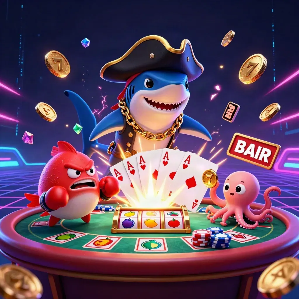 Shark pirate, boxing pufferfish, and octopus amid neon casino chaos with chips and cards.