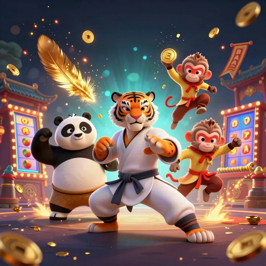 Kung-fu tiger, panda, and monkey burst amid casino sparks at a neon temple gate.