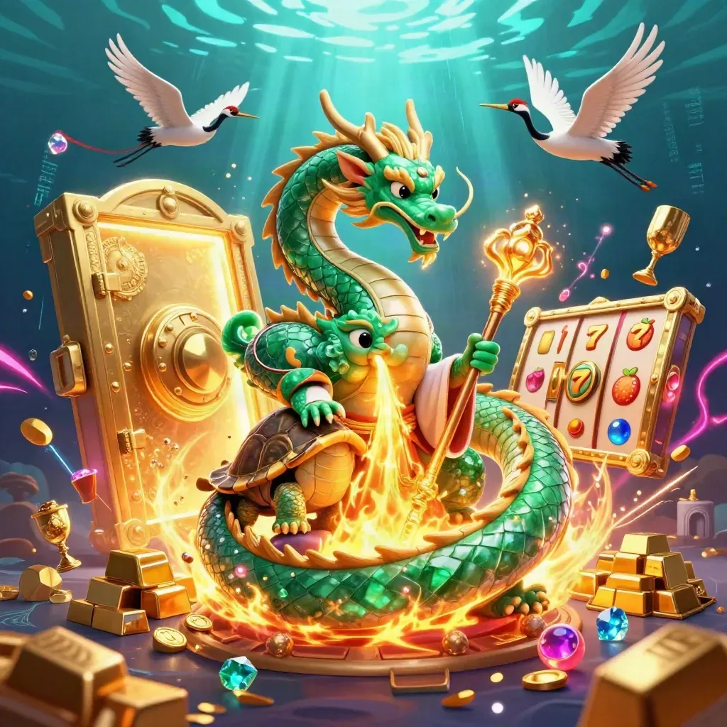 Jade dragon, turtle sage, and cranes amid treasure, neon cyan energy, and a vault burst underwater.