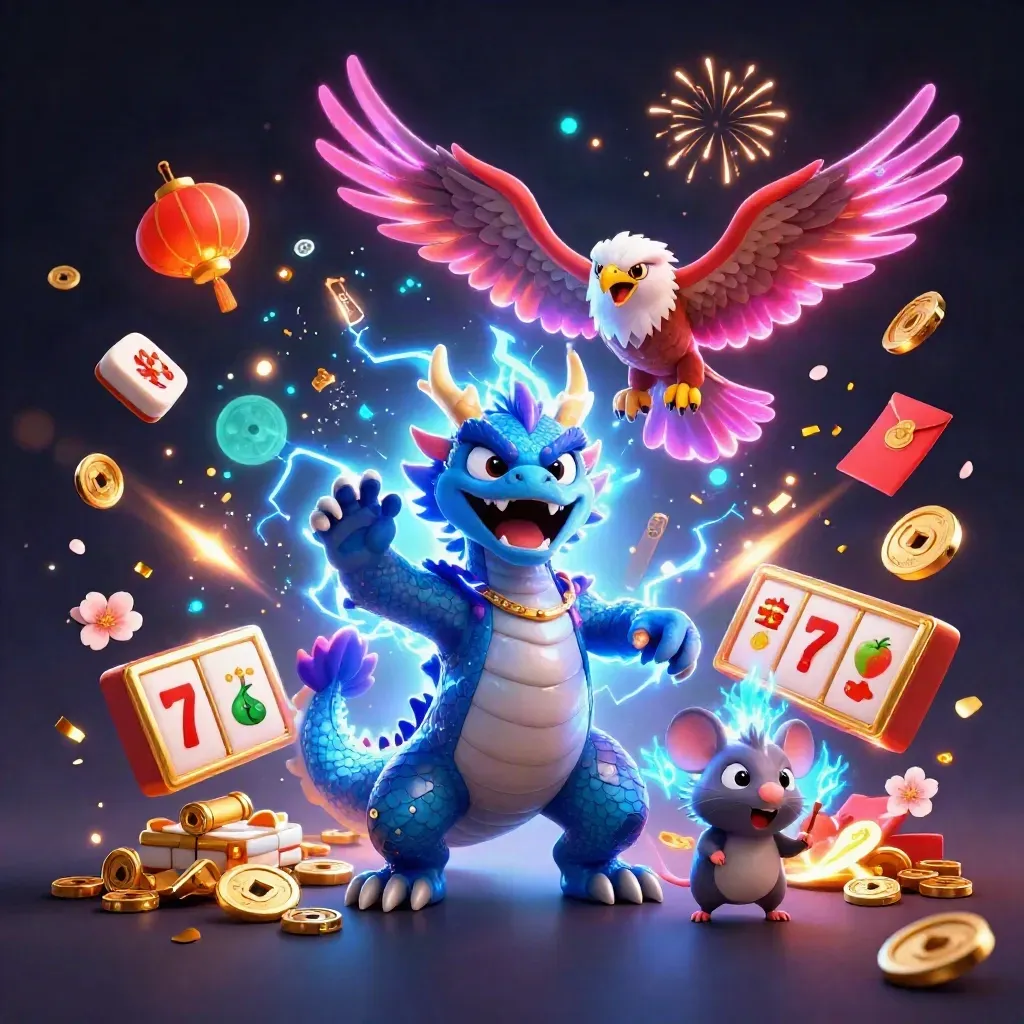 Thunder dragon, wind hawk, and static mouse amid coins, fireworks, lanterns, and casino symbols.
