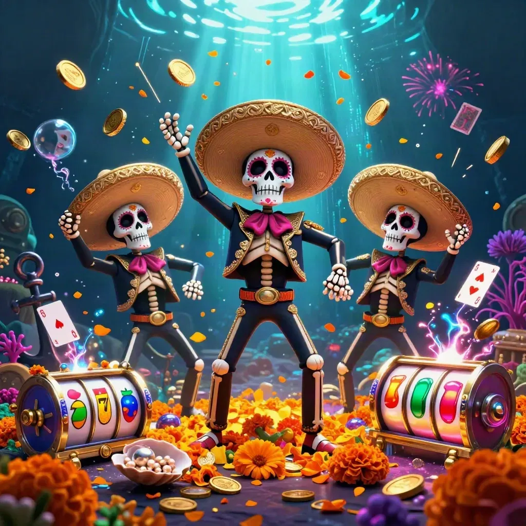Skeleton mariachi trio celebrating underwater among gold coins, coral, reels, and neon casino effects